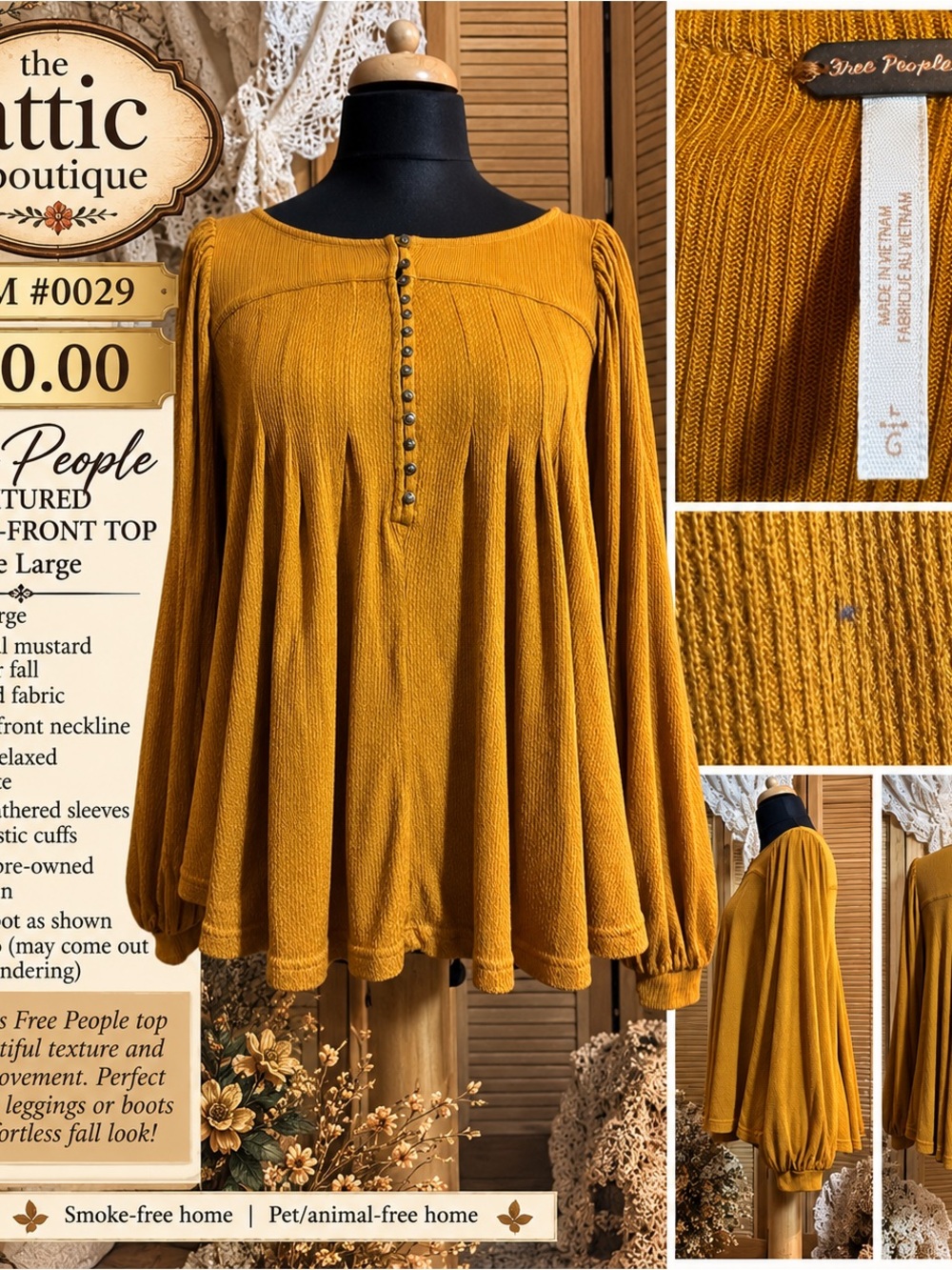 Free People Mustard Pleated Button-Front Tunic